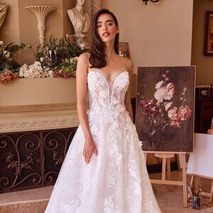 NEW FORMAL STRAPLESS LONG WEDDING BALL DRESS W/ FLORAL LACE EMBROIDERY CD WL034